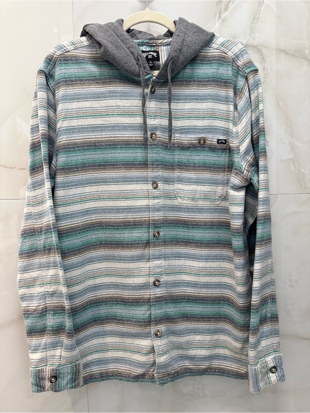 Billabong Baja Long Sleeve Flannel Shirt with Grey Hood Men’s size Large